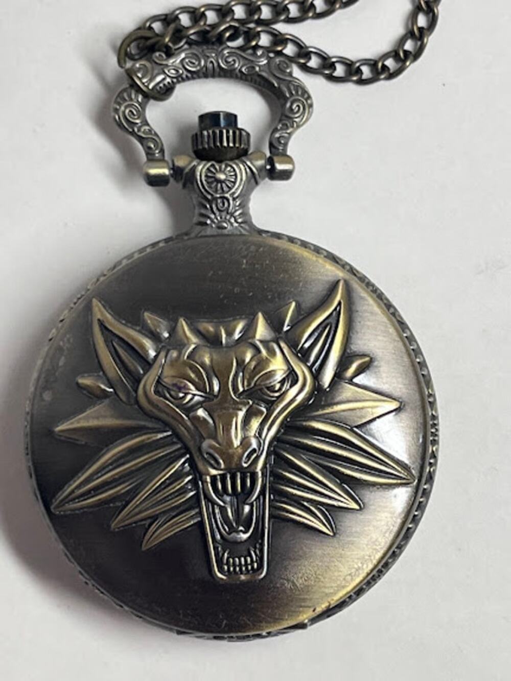 Vintage Pocket Watch with Wild Wolf Design Dark Bronze Quartz Chain FOB